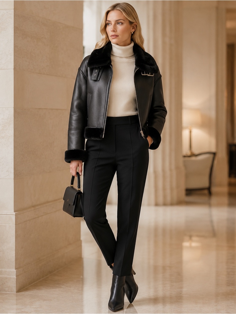Hudson Jeans Black vegan Leather Jacket with faux Fur Trim